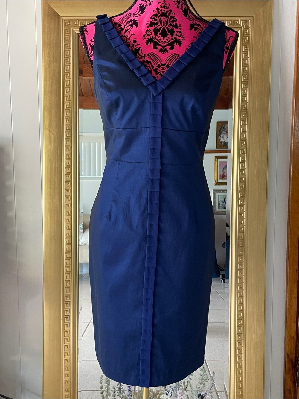 Adrianna Papell Navy Pleated-Trim Sheath Midi Dress